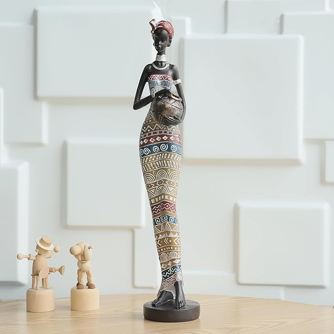 African Traditional Art Handmade Statues, Colorful Geometric Pattern Long Skirt Women's Ornaments and Decorations, Suitable for Home Study Display and Cultural Gift Collection