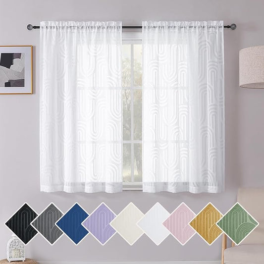 Simplebrand White Geometric Mid Century Jacquard Clip Textured Sheer Curtains, 2 Panels, 42W x 45L Inches, Light Filtering, Dual Rod Pocket, Machine Washable