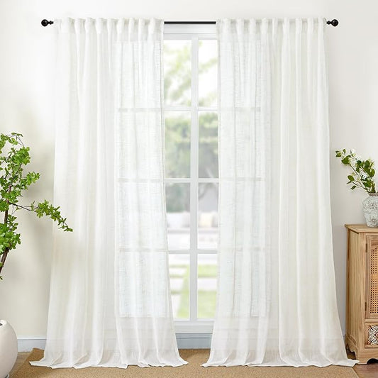 YoungsTex Linen Semi Sheer Curtains 84 Inch Length 2 Panels for Living Room, Ivory White Window Treatments Netural Texutred Light Filtering Drapes with Rod Pocket Back Tab for Bedroom, 52 X 84 Inch