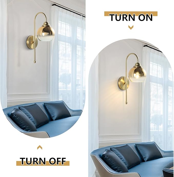 KCO Lighting Brass Wall Sconces Vintage Rose Gold Armed Sconce Mid Century Modern Long Sconces Wall Lighting Indoor Large Glass Globe Wall Sconce Bathroom Vanity Wall Light for Bedroom