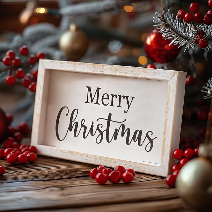 Merry Christmas Wooden Tabletop Sign, Festive Wood Decor for Christmas Desk,Shelf,Tray,Fireplace.Christmas Wood Block Sign(White)