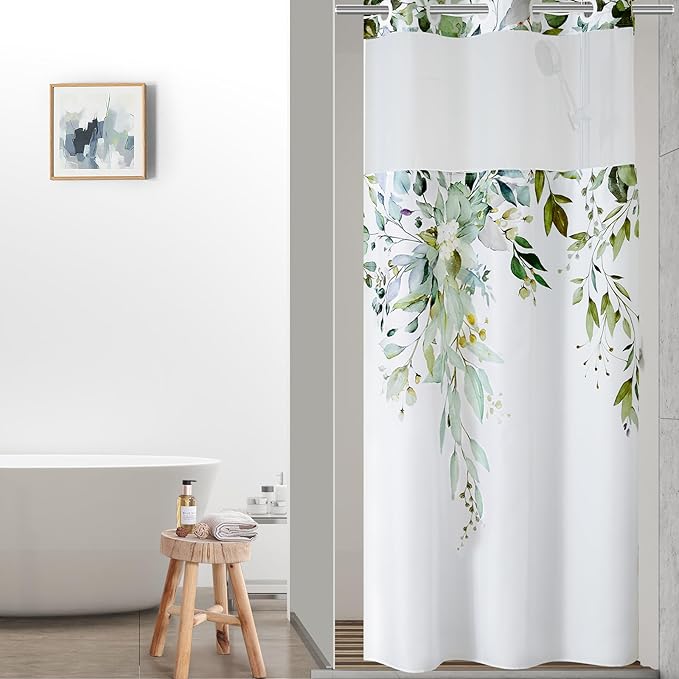 QiyI No Hook Shower Curtain with Snap in Fabric Liner, Sage Green Eucalyptus Shower Curtain with See Through Top Window, Waterproof Washable Cloth Ringless Shower Curtain Set for Bathroom, 36 x 75