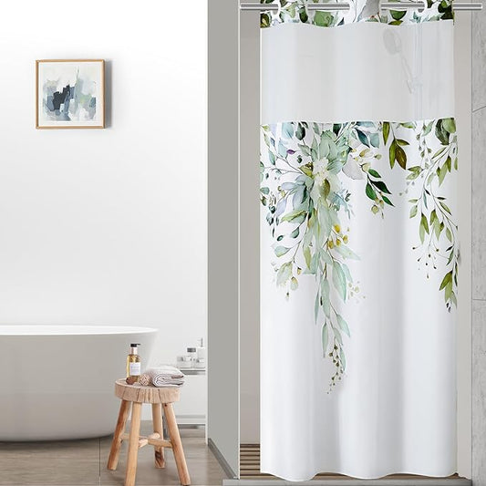 QiyI No Hook Shower Curtain with Snap in Fabric Liner, Sage Green Eucalyptus Shower Curtain with See Through Top Window, Waterproof Washable Cloth Ringless Shower Curtain Set for Bathroom, 36 x 75