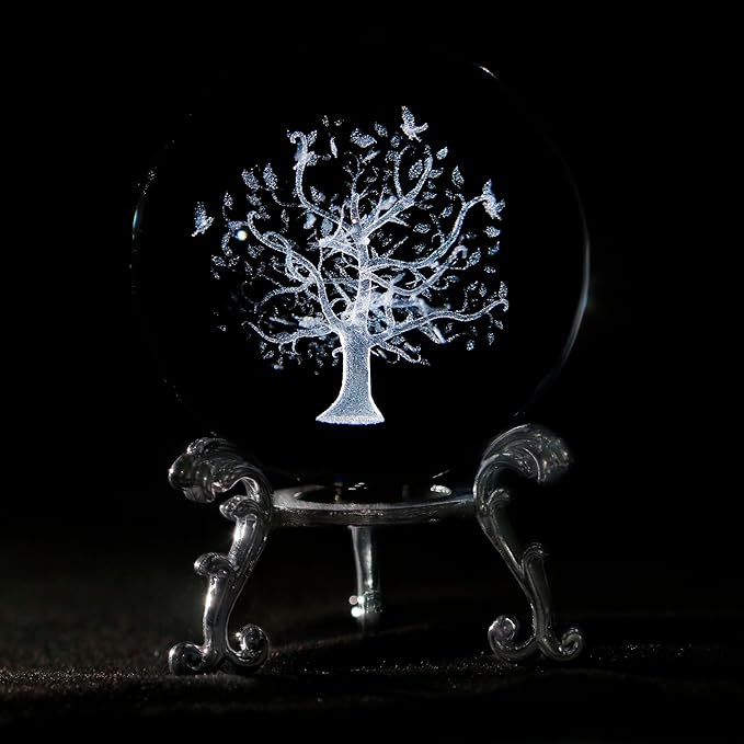 60mm Tree of Life Crystal Ball with Stand 3D Laser Engraved Life Tree Figurine Crystal Paperweight Decoraive Quartz Glass Ball Sphere Home Decor Table Craft