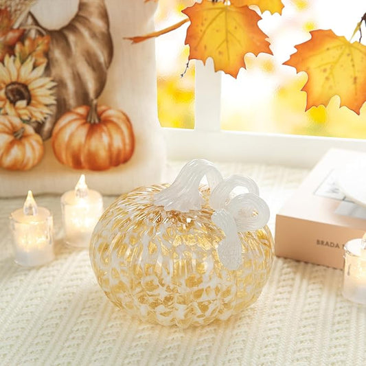 Glitzhome 6" D Fall Amber Dots Round Glass Pumpkin,Hand Blown Crystal Pumpkin Figurine Collectibles Table Accent for Fall Harvest Decorating