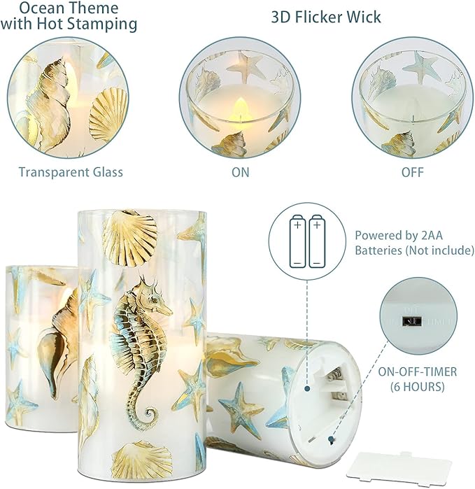 Flameless Candles x3 with Set Remote Christmas Bronzing Glass Golden Seahorse Shell Starfish Ocean Timer 24hrs-Cycled Home Decor Gift Wedding Party Room Table Centerpieces