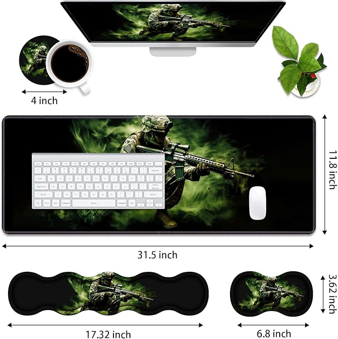 4 in 1 Ergonomic Memory Foam Mouse Pad Wrist Rest Set, Large XXL Gaming Desk Pad + Keyboard Wrist Rest + Mouse Wrist Cushion + Coaster for Home Office Study Gaming, American Army Troops Soldiers