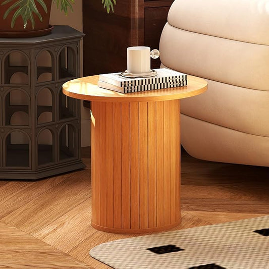 COSVALVE Round Wood Fluted End Table, 15.7” Circle Farmhouse Side Table Sets for Living Room, Bedroom, Balcony, Small Spaces, Natural