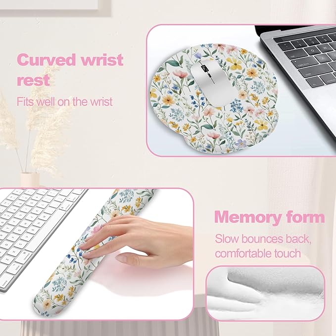 Wildflowers Leaves Mouse Pad with Wrist Rest and Keyboard Wrist Rest Set, Spring Colorful Flowers Non-Slip Rubber Base Memory Foam Mouse Pad Set for Women, Office Desk Accessories, Gaming