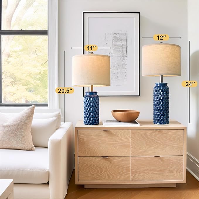 24 inches Modern Ceramic Dark Blue Bedside Lamp Set of 2 for Bedroom Decor Farmhouse Table Lamp for Living Room Office Dorm