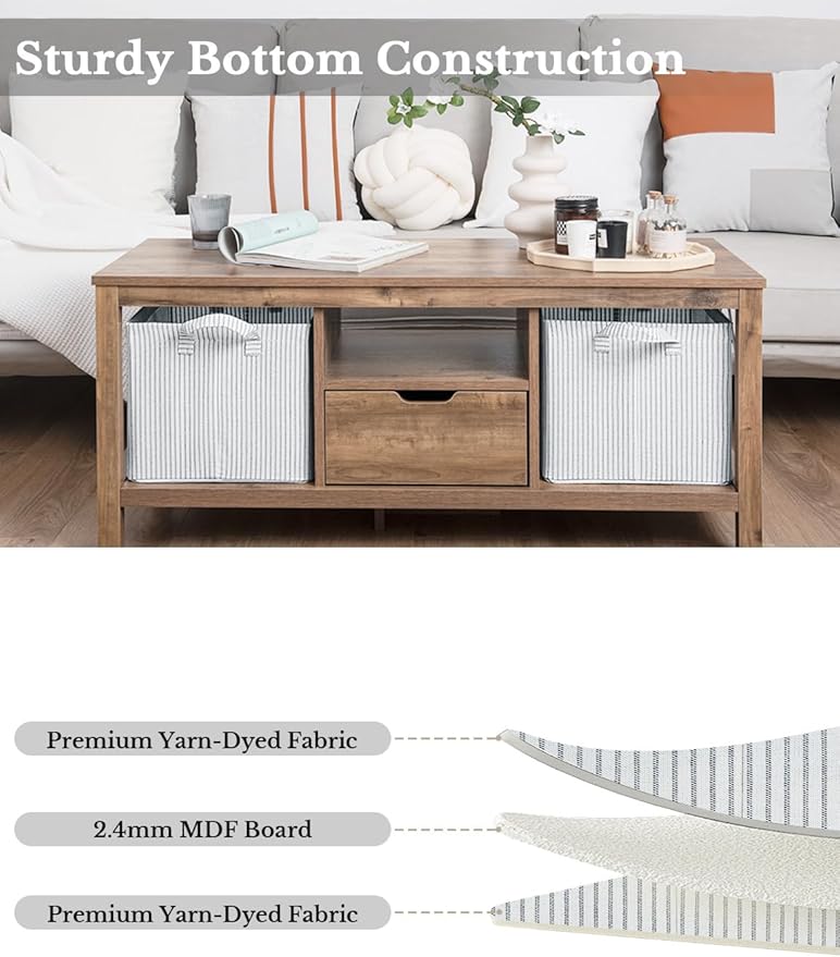 StorageWorks Storage Bins, Fabric Storage Bins for Shelves, Large Storage Baskets with Metal Frame, Closet Baskets and Bins with Handles, Khaki and Beige Stripes, 2-Pack