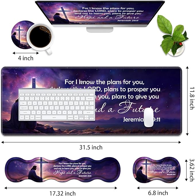 Ergonomic Memory Foam Mouse Pad Wrist Rest Set,Large Gaming Desk Pad + Keyboard Wrist Rest + Mouse Wrist Cushion + Coaster for Home Office Study Gaming,Christian Cross Quote Bible Verse Jeremiah 29:11