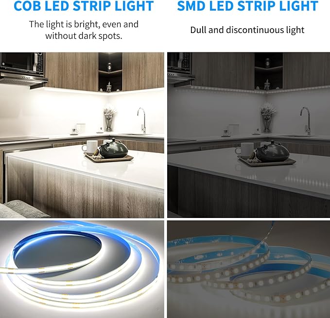 COB LED Strip Lights 6000K 16.4ft DC 24V Dimmable White Flexible LED Tape Light for Bedroom, with Remote and app Control LED Tape Lights,for DIY Home Decoration