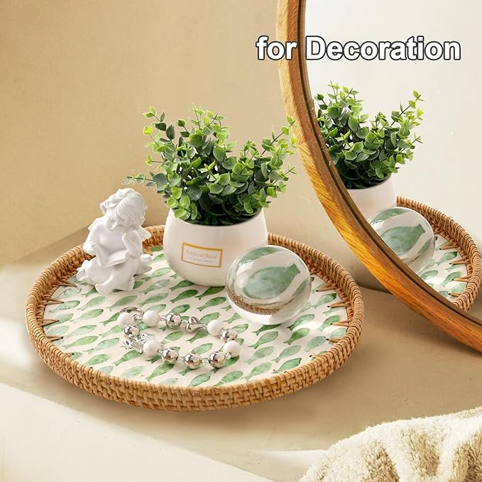Round Rattan Tray with Mother of Pearl Inlay, Rattan Serving Tray for Coffee, Bread, Fruits, Decorative Wicker Tray for Table Decor, Home Decor, Kitchen Island Decor (Round Green Fish, 11.8")
