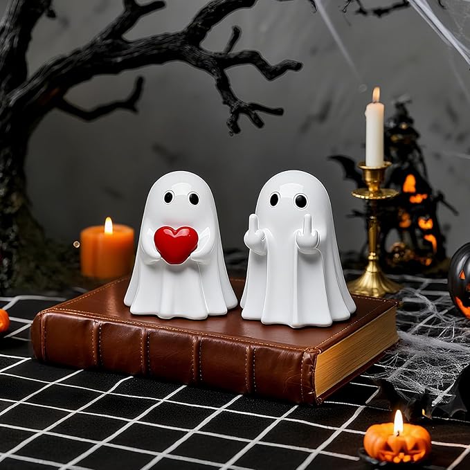 Halloween Ghost Figurine Decor - 2Packs Funny Middle Finger & Heart Hallowen Statue, Cute Spooky Ghosts Figurine Hallowee Decoration for Gift Props Tabletop Home Decor New Year's Gifts