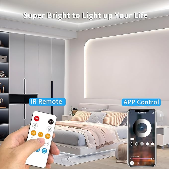 COB LED Strip Lights 6000K 16.4ft DC 24V Dimmable White Flexible LED Tape Light for Bedroom, with Remote and app Control LED Tape Lights,for DIY Home Decoration
