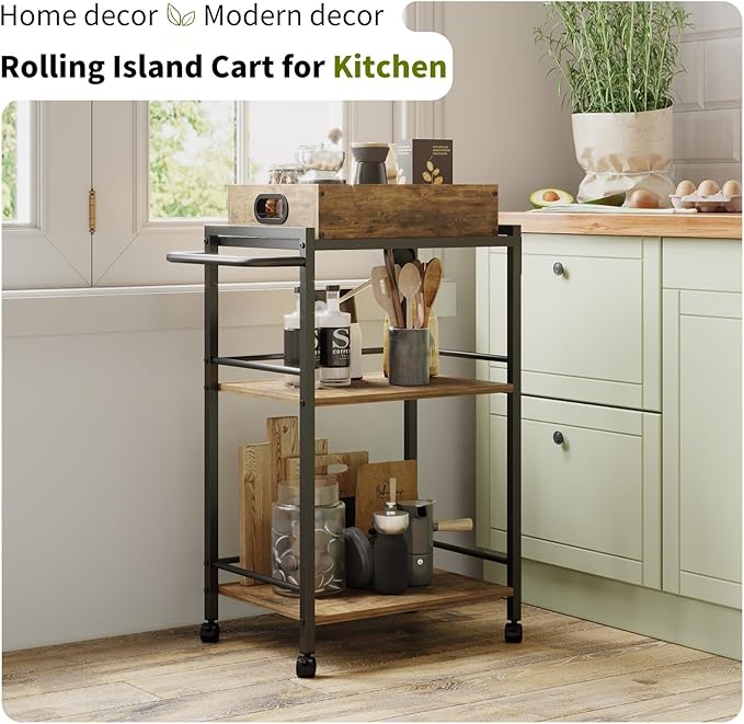 3-Tier Bar Cart for The Home, Rolling Cart with Wheels and Handle, 3-Tier Serving Cart with Removable Tray, Kitchen Carts on Wheels with Storage