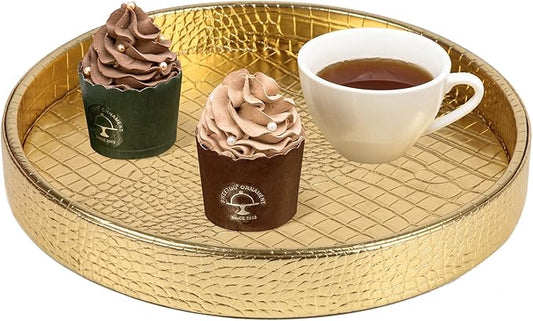 HofferRuffer Faux Leather Round Serving Tray, Vegan Croco Leather Decorative Tray, Food Tray for Storage Drinks, Snack & Cosmetics, Dia.12'' x 1.6'' (Gold)