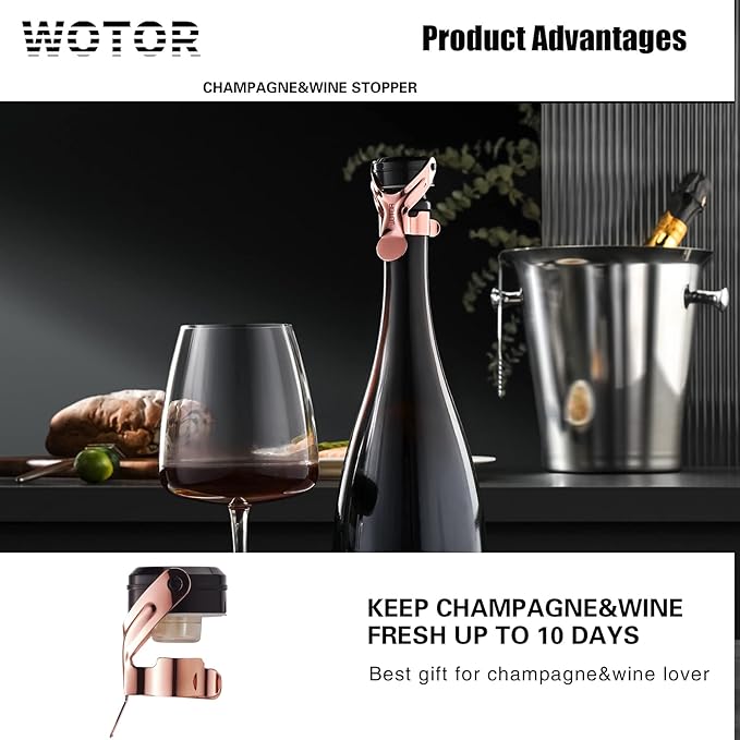 WOTOR Champagne&Wine Bottle Stoppers Stainless Steel with Food Grade Silicone, Leak Proof Keep Fresh Reusable Saver, Cork Suitable for Wine, Champagne, Cava, Prosecco and Sparkling (12 Pack Rosegold）