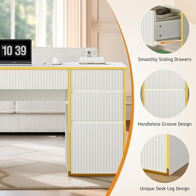 58 Inch White Desk with Drawers, Home Office Desk with 7 Drawers, Fluted Computer Desk with File Drawers for Study, White and Gold Executive Desk for Living Room, Bedroom