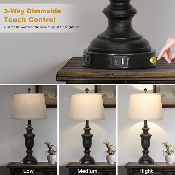 26" Black Table Lamps Set of 2 with USB C+A Ports & AC Outlet for Farmohouse Living Room Retro Bedroom,3-Way Dimmable Touch Lamp Resin Bedside Lamps for Nightstand Side End Table,Black