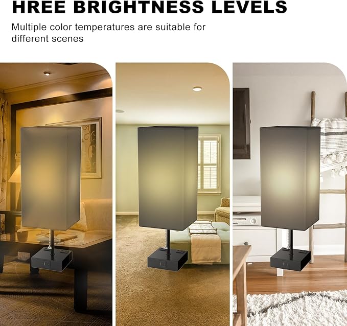 Table Lamp for Bedroom with USB,Bedside Lamp with USB C+A Charging Ports,Adjustable 3color LED Light for Home Decor/Nightstand/Office,Included Bulb and Fabric Lamp Shade (Linen Black, 2PCS)