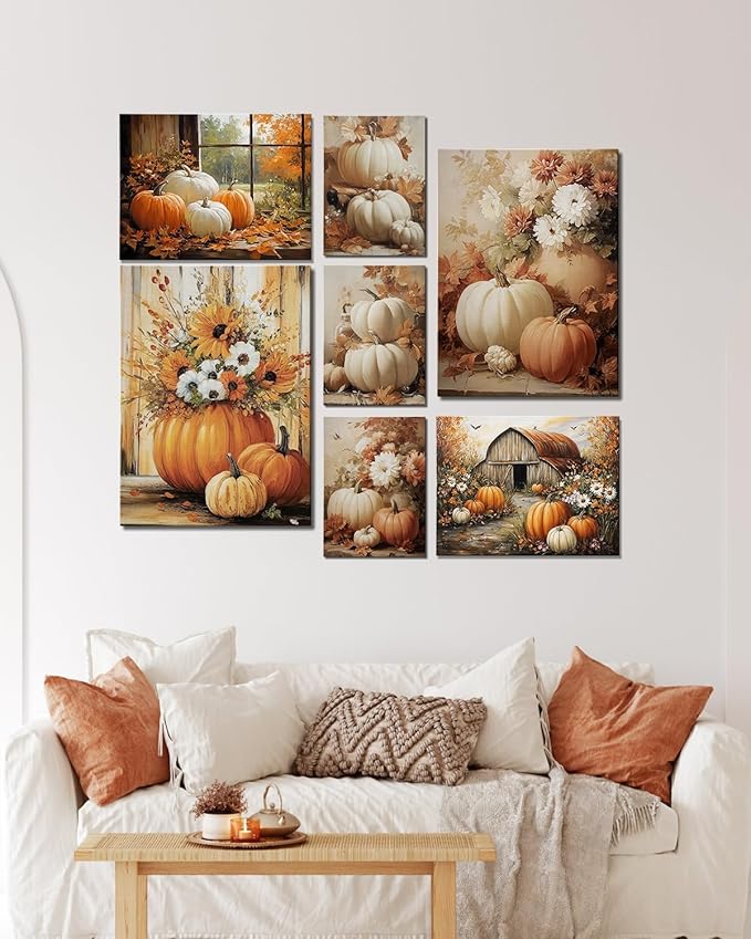 Vintage Pumpkin Window Fall Wall Art Decor, Farmhouse Barn Canvas Print with Autumn Harvest Theme, Framed Thanksgiving Decorations for Country Home, Ready to Hang