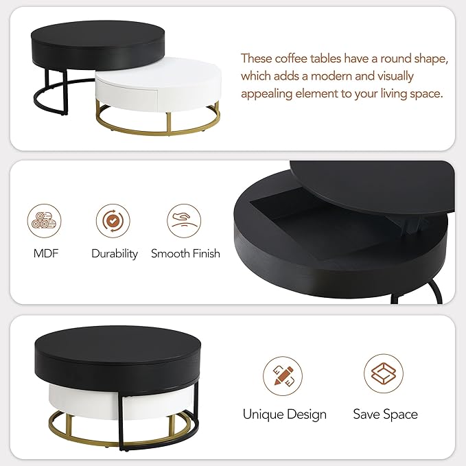 Modern Round Lift-top Nesting Coffee Tables with 2 Drawers for Living Room White & Black