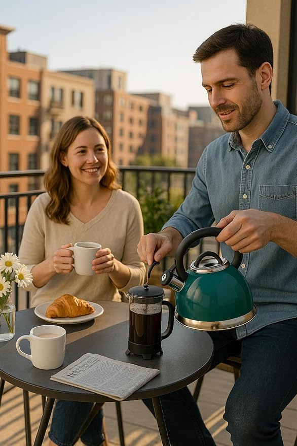 3.0 QT Stainless Steel Whistling Tea Kettle – Quick Boil Encapsulated Base, Cool-Touch Handle, Loud Whistle, Stovetop Safe – Aqua Blue