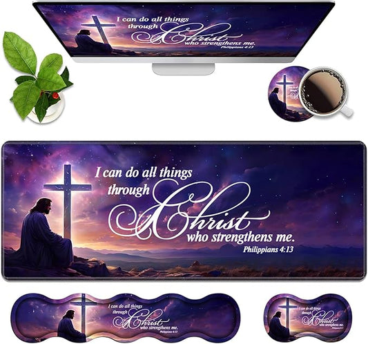 4 in 1 Ergonomic Memory Foam Mouse Pad Wrist Rest Set, Large XXL Gaming Desk Pad + Keyboard Wrist Rest + Mouse Wrist Cushion + Coaster for Home Office Study Gaming, Bible Verse Philippians 4:13