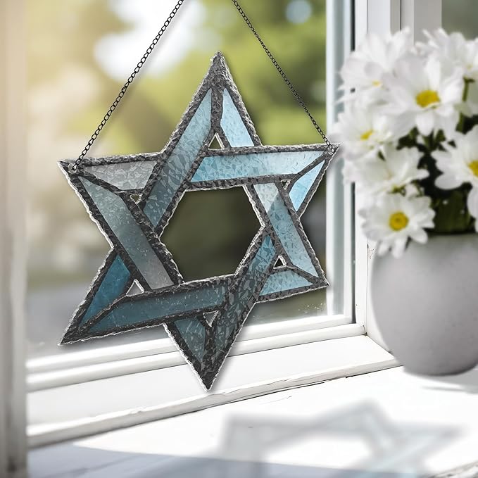 Hanukkah Suncatchers for Windows Hanging - Star of David Ornament, Personalized Hanukkah Ornaments, Wavy Hologram Window Suncatchers