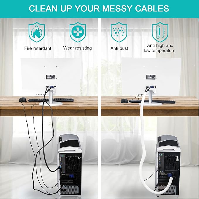 20ft - 1/2 inch White Cable Sleeve, Cable Organizer for Desk PC TV Computer, Wire Protector Cable Wrap Cover, Cord Management for Home Office