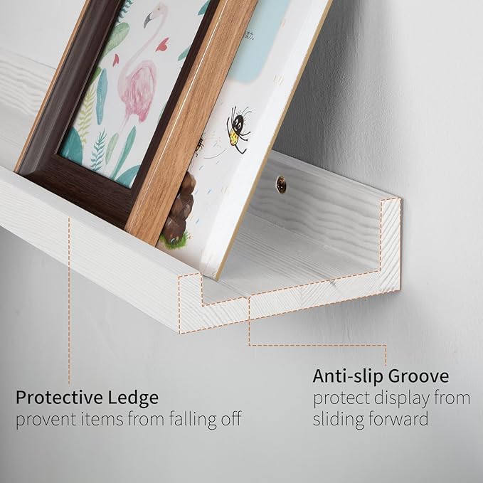 SAUMONIERES Picture Ledge Shelf Floating Book Shelves Set of 2 Wall Mounted Solid Wood for Bedroom Bathroom Living Room Kitchen, 24 Inch White