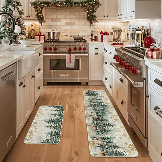 Artoid Mode Xmas Trees Deer Snowflakes Christmas Kitchen Mats Set of 2, Winter Home Decor Low-Profile Kitchen Rugs for Floor - 17x29 and 17x59 Inch