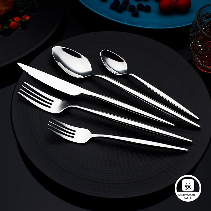 20 Piece Luxury Silverware Set for 4 Mirror-Polished 18/10 Stainless Steel Heavy Flatware Set Modern Cutlery Set Knife/Fork/Spoon Utensil Dishwasher Safe with Gifts