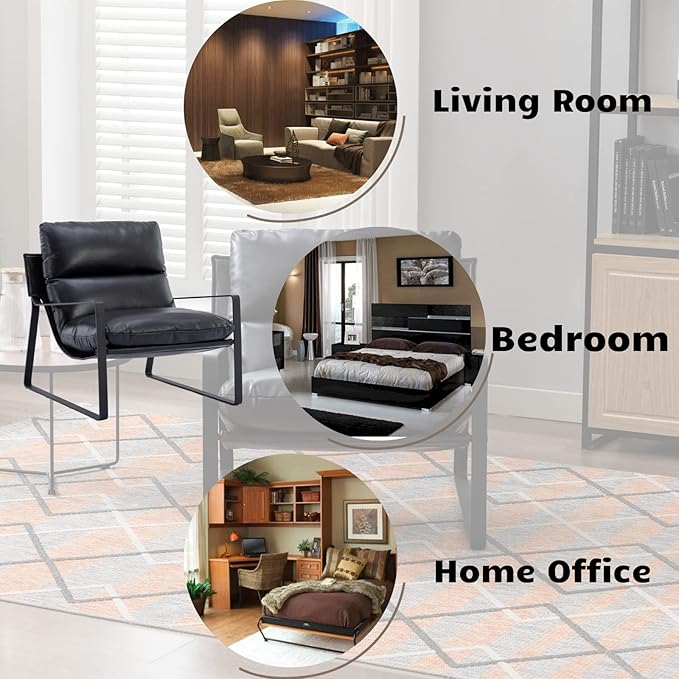 HEAH-YO Modern Accent Chairs Set of 2, PU Faux Leather Living Room Chairs with Removable Cushion and Solid Metal Frame, Comfy Reading Chairs for Bedroom, Black