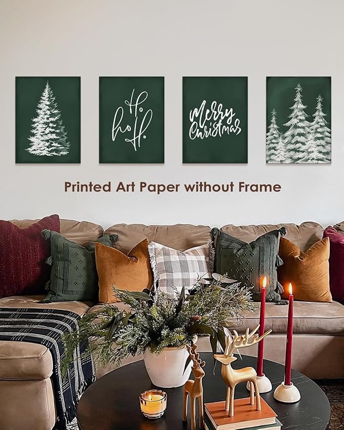 Wheatwin Vintage Christmas Green Wall Art Prints Set of 4, Merry Christmas Sign Decor Wall Art Poster Decorations for Bathroom Living Room Bedroom, 12x16 (Unframed)