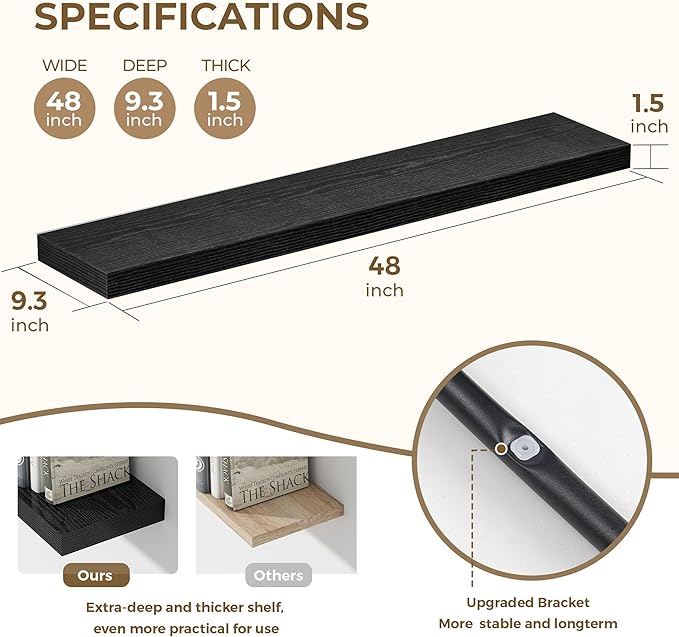 Dreamland 48 Inches Floating Shelves for Wall, 9.3" Deep Long Floating Shelves Set of 1, Large Display & Storage Shelf, Wall Shelf for Bathroom Bedroom Living Room Kitchen Office, Black