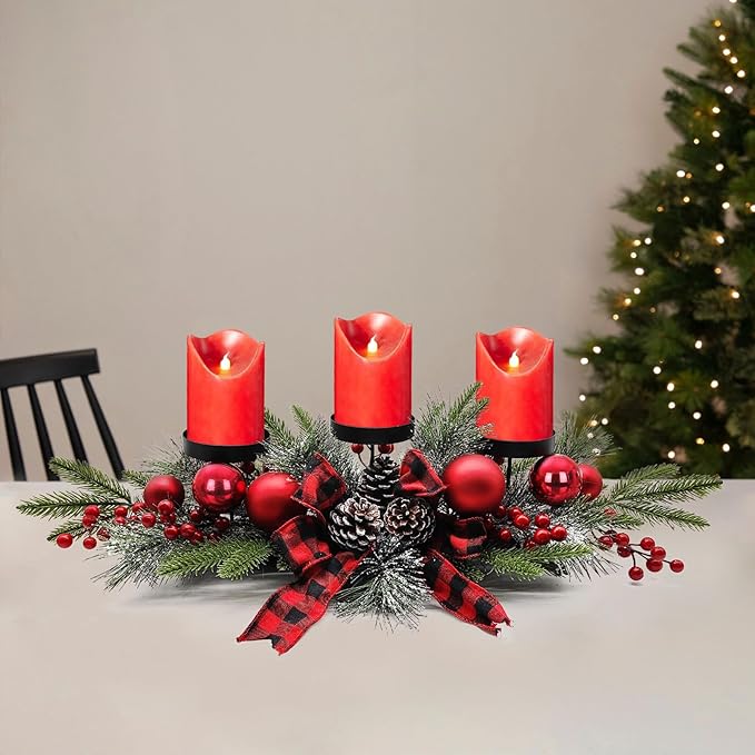 27.5-Inch Christmas Table Centerpiece with Candle Holders, Red Berries, and Pine Cones