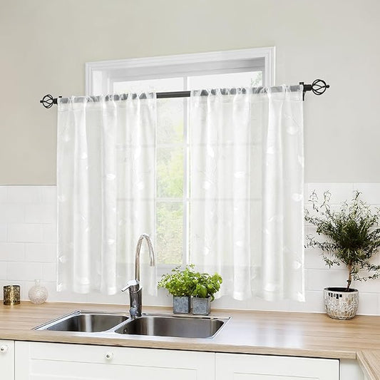HOMEIDEAS White Sheer Kitchen Curtains 30 X 36 Inch Length 2 Panels Embroidered Leaf Pattern Short Curtains for Small Window Valance Tiers