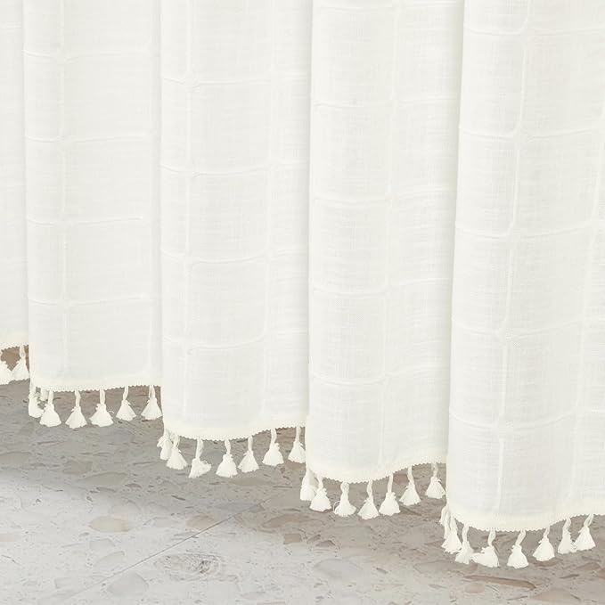 MitoVilla Modern Farmhouse Shower Curtain Set, Off White Boho Cloth Shower Curtains for Country Bathroom Decor, Ivory Vintage Rustic Thick Linen Fabric Shower Curtain with Tassel, 72 x 72