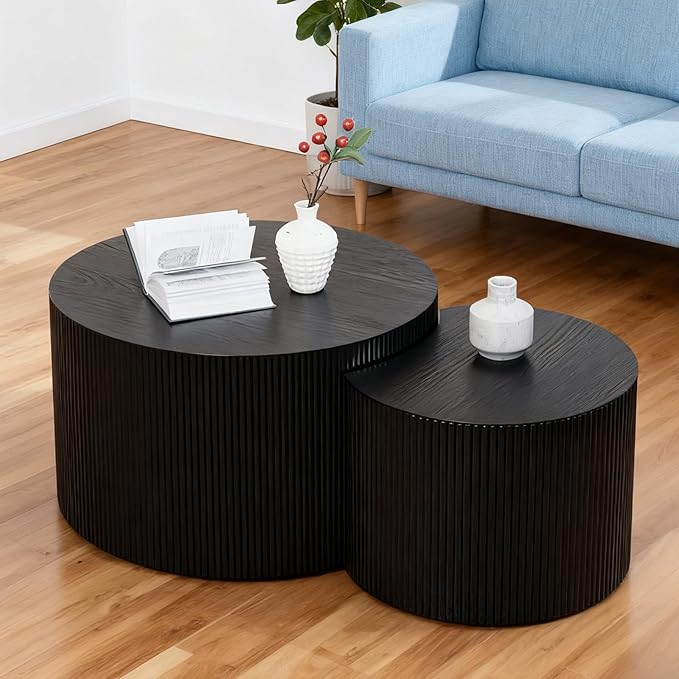 Round Nesting Coffee Table Set of 2 Small Round Coffee Tables for Living Room Modern Fluted Coffee Table Circular End Table Side Table for Small Spaces No Assembly (Black B, 27 in)