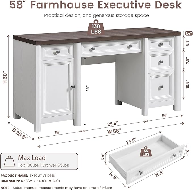 58” Executive Office Desk with Storage, White Home Office Desk with 5 Drawers, Farmhouse Writing Table with Cabinet Adjustable Shelf, White & Walnut Wooden Desk, Workspace for Study Writing