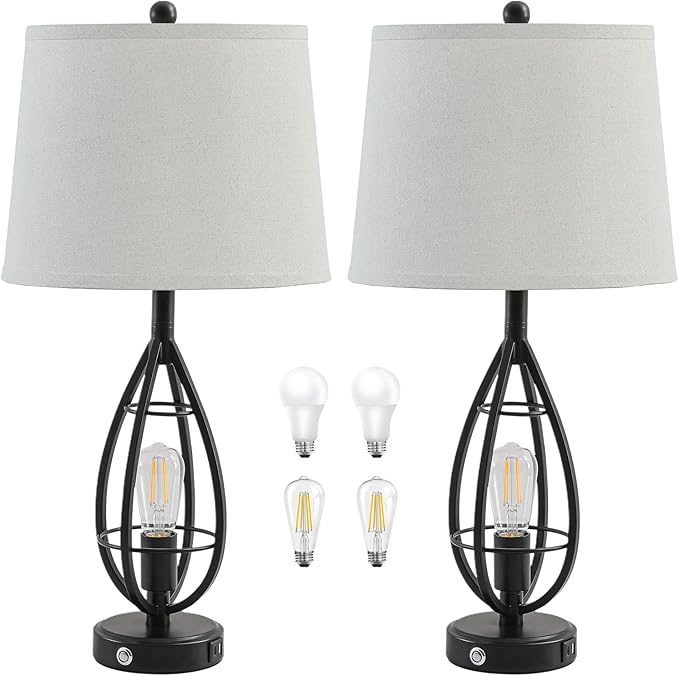 27.8" Farmhouse Table Lamps for Living Room Set of 2，Black Lamps for Night Stands with USB A+C，Dimmable Touch Industrial Bedside Lamps，Rustic Lamp for Bedroom End Tables