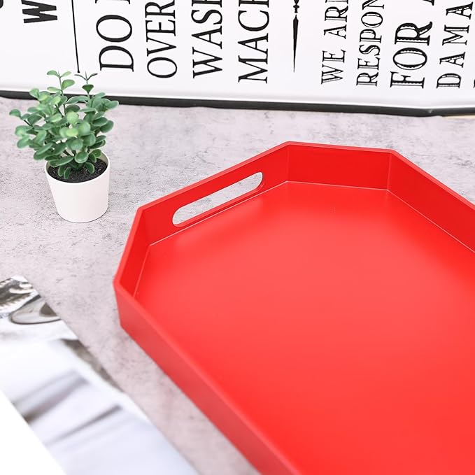 Red Octagonal Serving Tray with Handles for Coffee Table, Plastic Decorative Tray for Ottoman, Kitchen Counter, Living Room, Outdoor Lacquer Tray for Entertaining