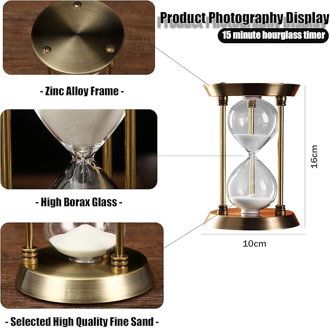 Sand Timer 15 Minutes,Hour Glass,Metal Vintage Hourglass,Hourglass Decor,for Home Decoration Office Desk Wedding Party Decor Kitchen Timer (White Sand)