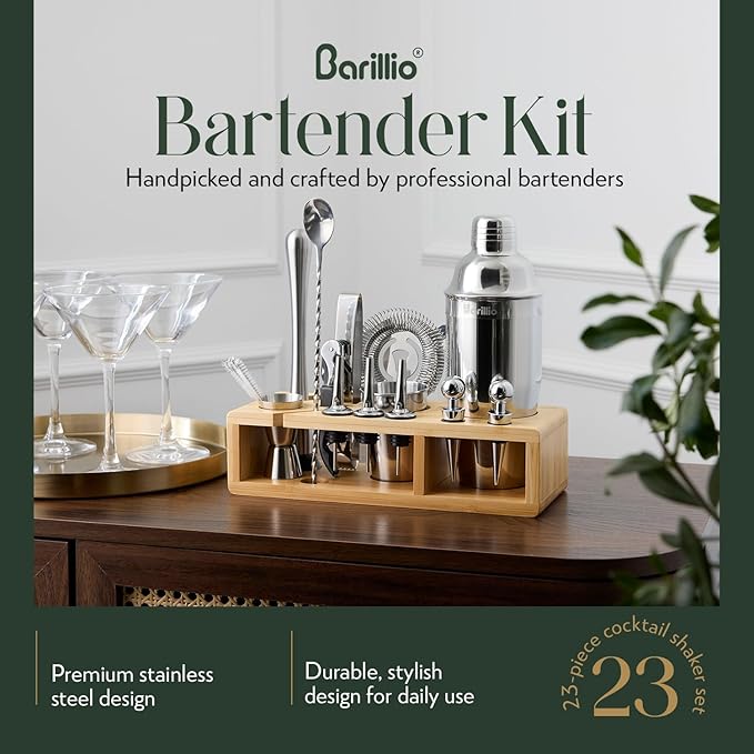 Barillio Bartender Kit - Stainless-Steel Cocktail Shaker Set w/Bamboo Stand - Mixology Bar Tools w/Drink Shaker, Mixer Spoon & Muddler for Cocktails - Home Bar Accessories - 23-Pc Bar Set - Silver