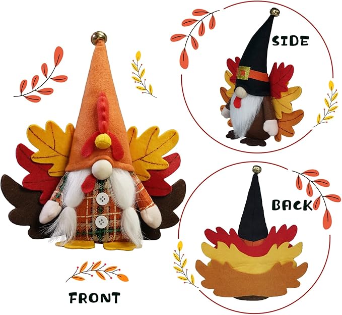 CRCZK Turkey Fall Gnome, Thanksgiving Gnome Decorations, 2Pack Handmade Swedish Tomte Gnomes with Maple Leaves Wings Harvest Gnome Plush Scandinavian Figurine Nordic Gnomes Holiday Decor Gifts