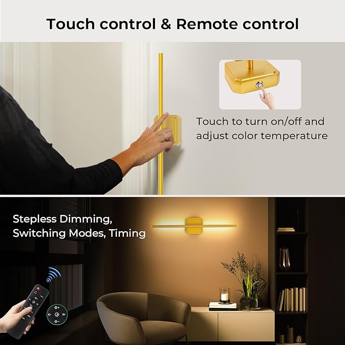 10000mAh Detachable Battery Operated Wall Sconce Set of 2, Wireless Wall Lamp 3000-6500K Dimmable, Rechargeable Wall Light for Bedroom, Living Room, 28.3" Gold