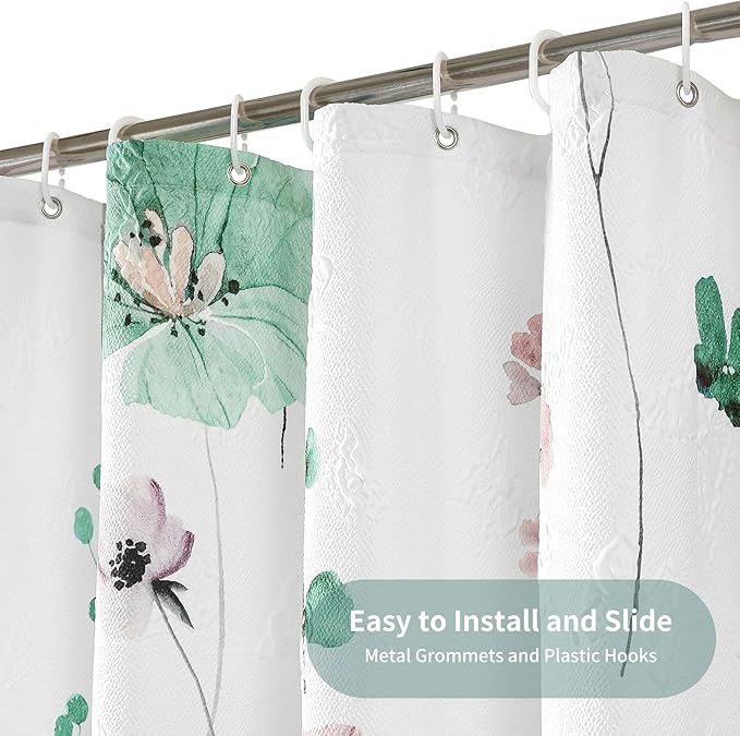 QiyI Watercolor Floral Shower Curtain, 3D Embossed Butterflies Sage Green Flower Bathroom Curtain, Minimalist White Cloth Bath Curtain, Waterproof Fabric Textured Shower Curtain Set with Hooks, 72x72